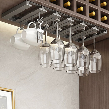 Julihui stainless steel red wine glass rack upside-down goblet storage rack home light luxury high-end ornaments hanging wine cabinet double slots + single hook - can hang 4 cups - black