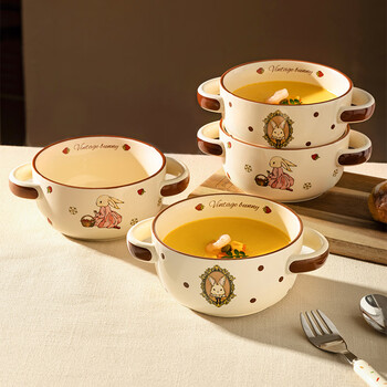 Modern housewife hera rabbit steamed egg bowl ceramic double-eared bowl baby egg custard steamed egg custard special bowl home stew cup hera rabbit 4.8-inch double-eared steamed egg bowl-pink skirt