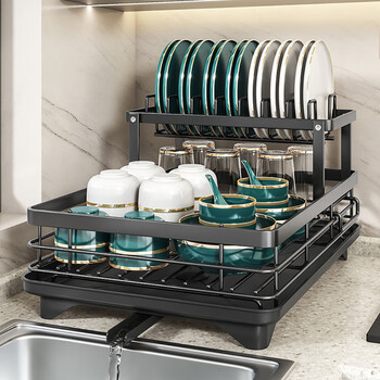 Mibang dish rack drain rack sink storage rack kitchen dish rack dish drying rack tea plate tableware drain basket double layer black with chopstick holder + knife rack + chopping board rack