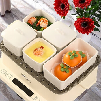 Muziqiu steaming bowl with lid, rectangular ceramic small steaming cup, stewed egg, baby food, steamed egg, steamed egg custard, steamed vegetable special bowl with ceramic lid - large set, square*4+long*1
