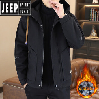 Jeep men's winter velvet thickened jacket autumn and winter trendy brand 2024 new men's hooded jacket color matching winter wear black thickened velvet xl