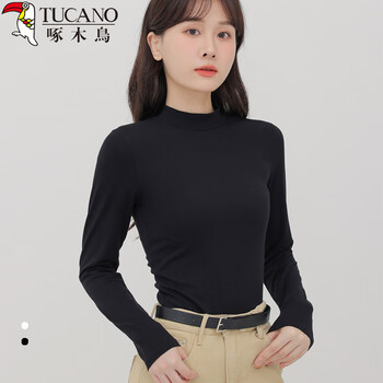 Woodpecker bottoming shirt for women 2025 spring and summer right shoulder pure cotton versatile long-sleeved t-shirt with slim casual top, black l