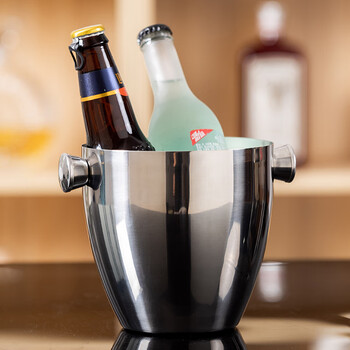Crytaljulia thickened stainless steel ice bucket double-layer champagne bucket red wine iced beer ice bucket ktv bar insulated ice wine bucket 18cm*14cm ice bucket 1.5l