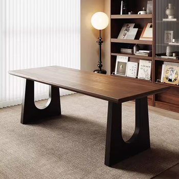 Iron wing solid wood dining table walnut color living room large long desk work table large board dining desk integrated conference desk 160*80*75cm (new zealand pine)