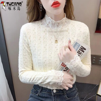 Woodpecker (tucano) half turtleneck plus velvet lace bottoming shirt for women 2025 new autumn and winter fashionable style small shirt warm inner top trendy apricot 8859 m recommended 90-100 pounds