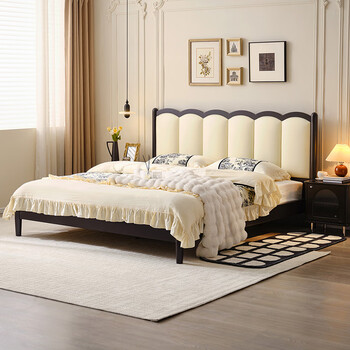 Quanyou home french retro leather art bed master bedroom 1.8x2 meter solid wood high leg double upholstered bed size apartment furniture retro upholstered bed + 65 mattress 1.8 meters