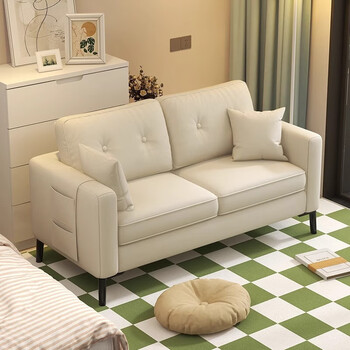 Cheche internet celebrity model rental bedroom double sofa small apartment economical clothing store two-person leather sofa, upgraded leather, off-white styling sponge, 120cm double seat, free storage bag + pillow