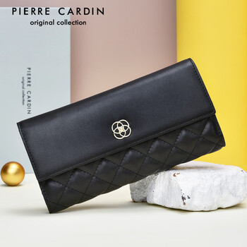 Pierre cardin pierre cardin wallet women's long genuine leather 2026 new women's ticket clip wallet diamond tri-fold card holder coin purse black