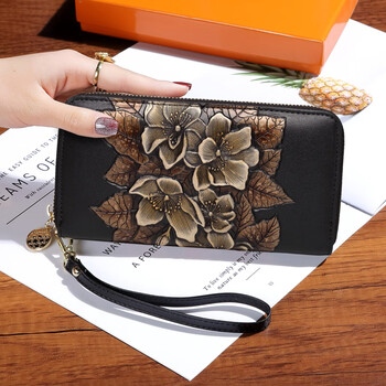 Sephoron new year embossed cowhide long zipper wallet for women 2026 new cowhide large capacity handbag to hold mobile phone golden begonia flower-first layer cowhide three-dimensional flower
