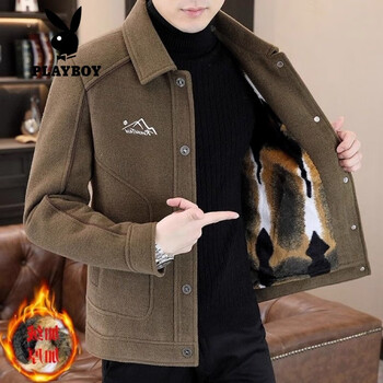 Playboy (playboy) jacket men's winter warm plus velvet thickened wool lapel slim jacket men's short casual woolen coat 7365# coffee color velvet thickened 2xl 145-160