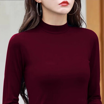 Mesani threaded t-shirt women's bottoming shirt new half turtle collar versatile slim long sleeve small stand collar outer wear solid color simple burgundy 2xl recommended 120-135 jin