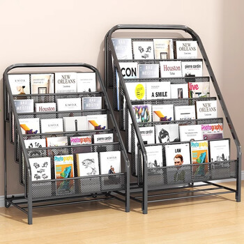 All wall-mounted floor-standing bookshelf magazine storage rack multi-layer shelf simple book and newspaper rack iron bookcase display rack storage rack black 6-layer large size