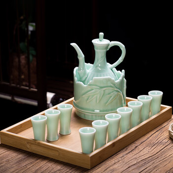 Xihe yinyao xihetang traditional wine glass set household wine cup ceramic wine set white wine cup antique wine warmer hot pot 12 plum green style + bamboo plate