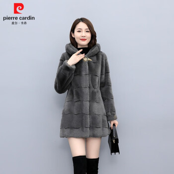 Pierre cardin haining fur mink coat women's slim medium long hooded fur one-piece mink fur small female mink coat winter gray (100% fur one-piece) m in stock (85-100 catties free value 98 yuan plus