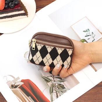 Kuqi kangaroo (kuqidaishu) women's wallet new zipper mini coin purse canvas rhombus coin bag key bag mini card bag id bag khaki