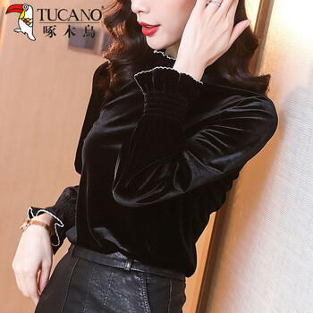 Woodpecker inner wear gold velvet bottoming shirt for women 2025 autumn and winter new style fashionable semi-high collar temperament fungus top black m 95--105 catties