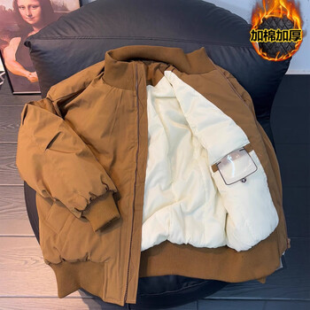 Yiran presents maillard cotton warm cotton jacket men's winter bomber short silhouette jacket american stand-collar cotton coat brown l recommended 120-135 pounds