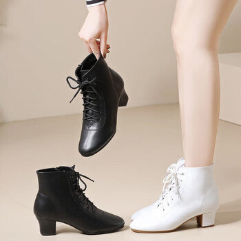 Tesili's autumn and winter square dance shoes, modern dance shoes, mid-heeled latin dance shoes, cowhide mother's shoes, short boots, black plus velvet