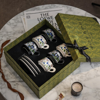 Timeless coffee cup high-end exquisite afternoon tea ceramic cup and saucer set light luxury high-look new wedding box iris retro green gift box + gift bag 6 pcs