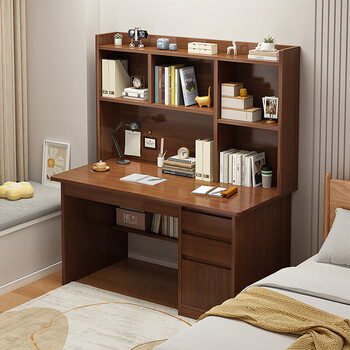 Jiajialin computer desk with bookshelf and cabinet integrated space-saving home bedroom small apartment desk desktop student study table upgraded bookshelf walnut color 100cm