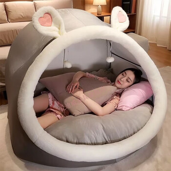 Eddieway lazy sofa, human dog kennel, huge tent, universal for all seasons, enlarged and thickened, human internet celebrity, adult plush cabin, coffee gray plush style, 2025 new upgrade, plus velvet and thickening