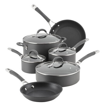 Circulon hard anodized non-stick cookware set of 10 pieces, wok and soup pot with lid, dishwasher safe, gas induction, gray, 10-piece set