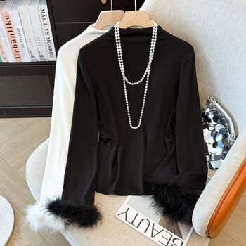 Liyunhouse fashionable fur sleeve half turtle collar bottoming shirt long sleeve t-shirt autumn and winter design slim fit top black l recommended 100-115 catties