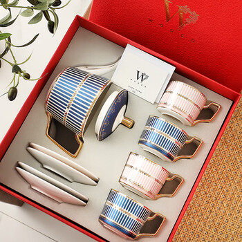 Wooch victoria 1 pot 4 cups and saucers gift box light luxury coffee cup set exquisite afternoon tea wedding housewarming gift victoria 1 pot 4 cups and saucers - wheat blue + red gift box
