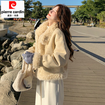 Pierre cardin beige lamb wool jacket women's autumn and winter 2025 new korean style short style small super nice-looking fur integrated beige (upgraded) lamb wool jacket thickened m within 120 jin