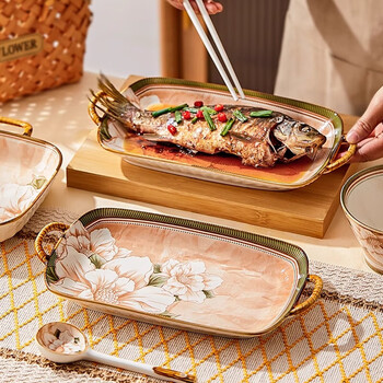 Persson camellia ceramic tableware and dishes set rice bowl plate home underglaze color microwave suitable noodle bowl soup bowl 12-inch double-ear fish plate 1 piece