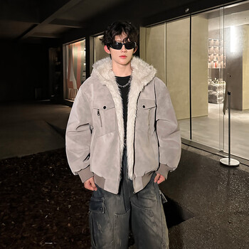 Nying mountain carved pu leather jacket men's winter new american trendy brand plus velvet thickened warm casual jacket loose top gray l (105-120 pounds)