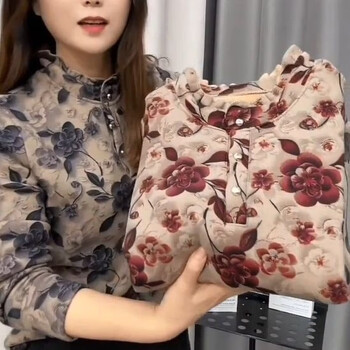 Ouyu printed bottoming shirt women's velvet thickened autumn and winter women's new middle-aged mother's wear long-sleeved t-shirt women's tops red rose velvet thickened 4xl recommended 110-120 pounds