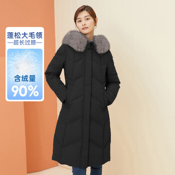 Qianrenggang (chericom) winter women's daily commuting hooded large fur collar women's mid-length coat off-season down jacket magic black 88005 155/xs (80-90 catties recommended)