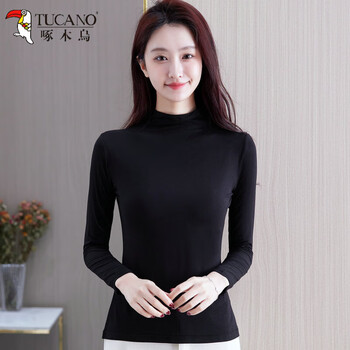 Woodpecker half turtle collar modal bottoming shirt for women 2025 autumn new style black style mid-collar top long sleeve t-shirt 306-8 black solid color mid-collar long sleeve one size (90kg-135kg)