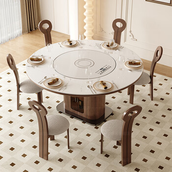 Zuojia solid wood slate smart dining table, light luxury and high-end household small apartment folding dual-purpose retractable round dining table and chairs, single table, hot dishes + induction cooker + electric turntable 1.5m