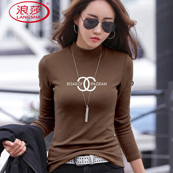 Langsha 2025 autumn and winter new long sleeve t-shirt women's right shoulder half turtle collar thickened bottoming shirt women's inner style top versatile brown (double c-same style in shopping malls) s