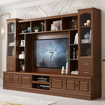 Xiantai chinese solid wood tv cabinet combination wall cabinet modern minimalist living room wine cabinet bookcase integrated multi-functional video wall cabinet background cabinet 2.8 meters walnut color 2 meters high