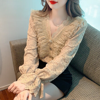 Lisaft 2025 spring and autumn new lace bottoming shirt women's clothes with western style high-end fashionable small shirts that can be weared out khaki l 110-120 jin