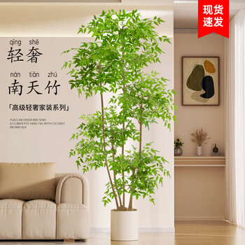 Linya nandina bamboo simulated green plant indoor large potted high-end light luxury artificial flower tree living room bionic plant floor-standing decoration preferred 1.8 meters丨four rods + white cylindrical basin