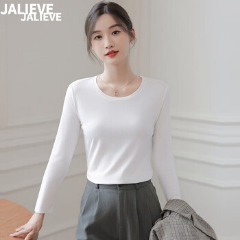 Jialiwei round neck right shoulder long sleeve t-shirt for women 2025 autumn inner layering shirt basic style simple casual slim top white round l (102-114 pounds)