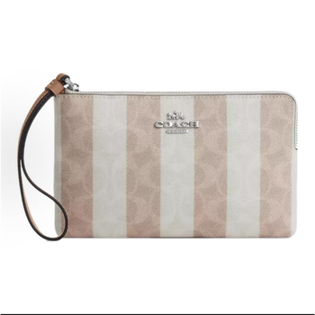 Coach clutch large wrist coin handbag mahjong bag wallet female card bag chain carriage birthday gift for girlfriend pink and white logo stripes cbp09 ready in stock