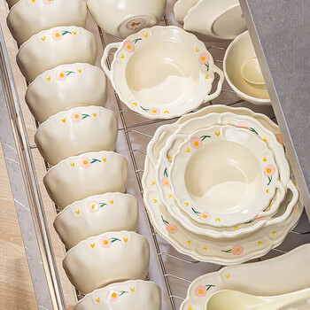 Kangmo dish set cream style household small fresh ceramic dishes and tableware set white peony root 26 heads