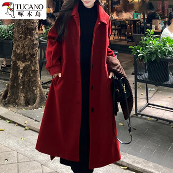 Woodpecker autumn and winter red double-sided imitation cashmere coat for women medium-length thickened woolen coat loose knee-length woolen coat burgundy m 90-120 catties