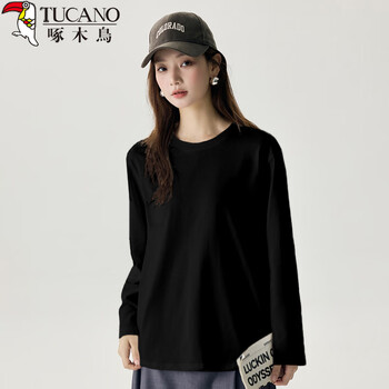 Woodpecker 100% cotton basic versatile long-sleeved t-shirt for women loose casual comfortable round neck bottoming top black s