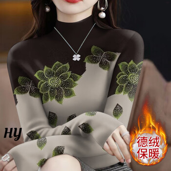 Ouyu half-high collar double-sided german velvet thickened bottoming shirt for women in autumn and winter new fashion slim-fit inner shirt top gray bottom with green flowers l recommended 100-110 pounds