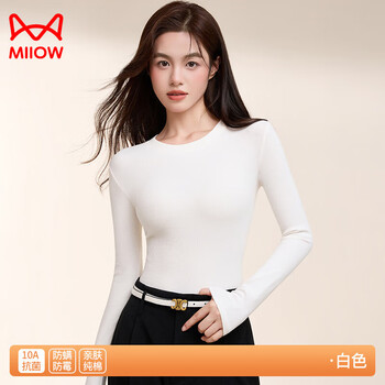 Miiow pure cotton bottoming shirt for women in autumn and winter with round neck slim fit threaded outer t-shirt elastic large size long-sleeved thermal top white pure cotton skin-friendly and warm +10a m 80-100 catties