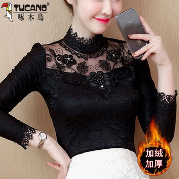Woodpecker 2025 new spring, summer and autumn lace bottoming shirt for women with velvet to keep warm and stylish small shirt lace top long-sleeved shirt winter 886 black (style) plus velvet xl recommended 110-120 pounds