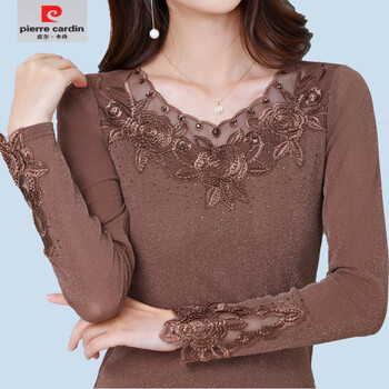Pierre cardin lace shirt bottoming shirt for women new style autumn and winter large size slim fit belly covering plus velvet inner small shirt top brown thin section m recommended 80-100 pounds