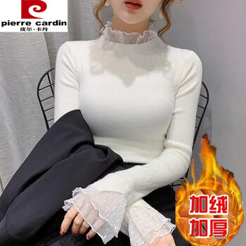 Pierre cardin velvet bottoming shirt for female internet celebrities, versatile slim half turtleneck knitted inner long-sleeved autumn and winter lace pullover sweater trendy white velvet thickened xl 115-125 pounds