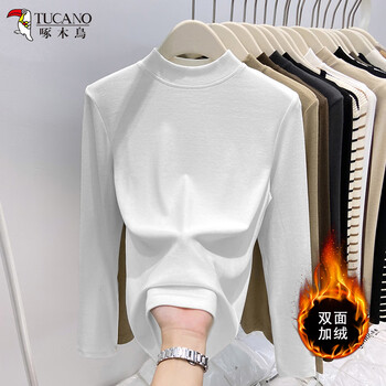Woodpecker half turtle collar slim fit bottoming shirt women's autumn and winter new stand collar german velvet long sleeve t-shirt thickened top white xl